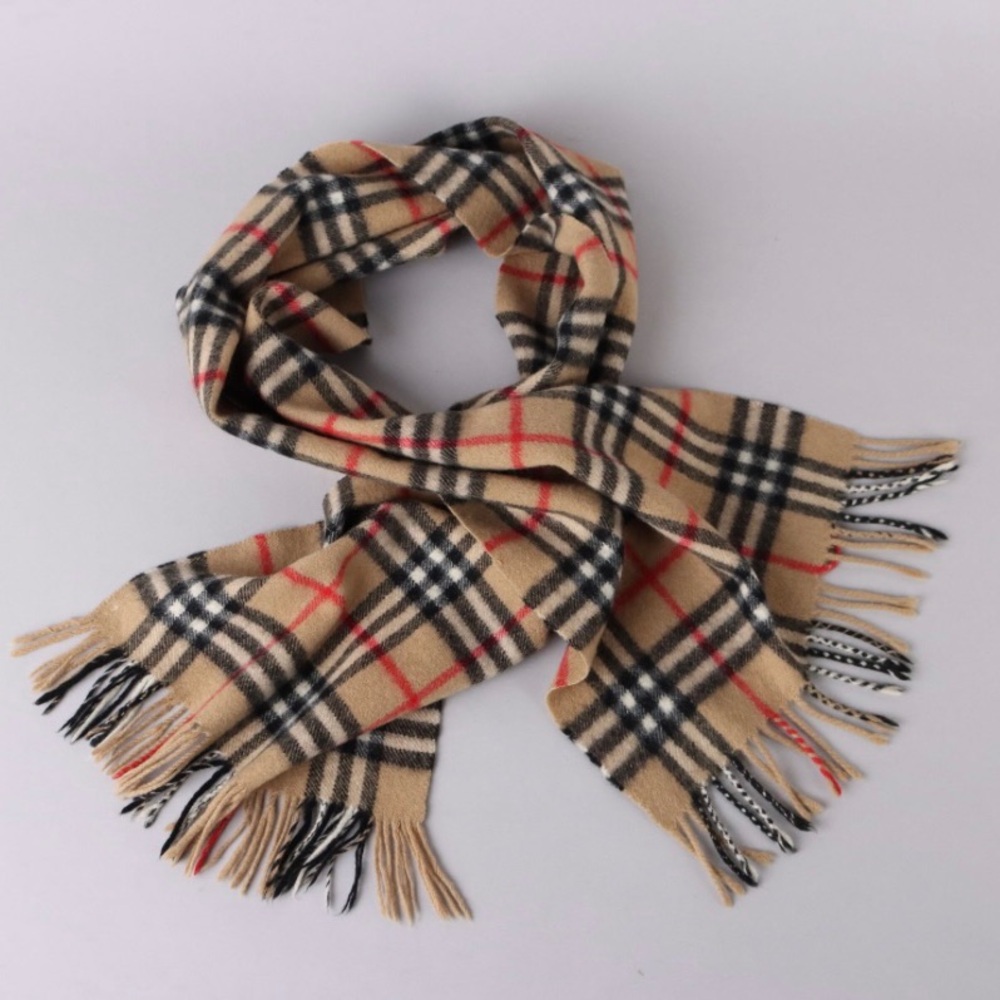 Burberry Of London  Tan Plaid Lambswool Wool Scarf